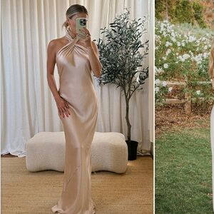 Show Me Your MuMu Jasmine Champagne Satin Halter Maxi Dress